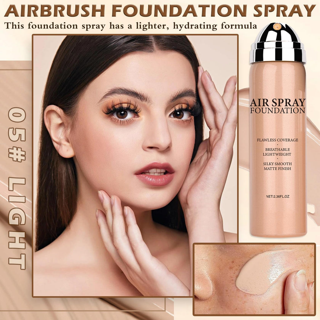 AIUEO Airbrush Foundation Spray for Mature Skin – Lightweight Full Coverage, Natural Matte Finish, Shade 05 Light