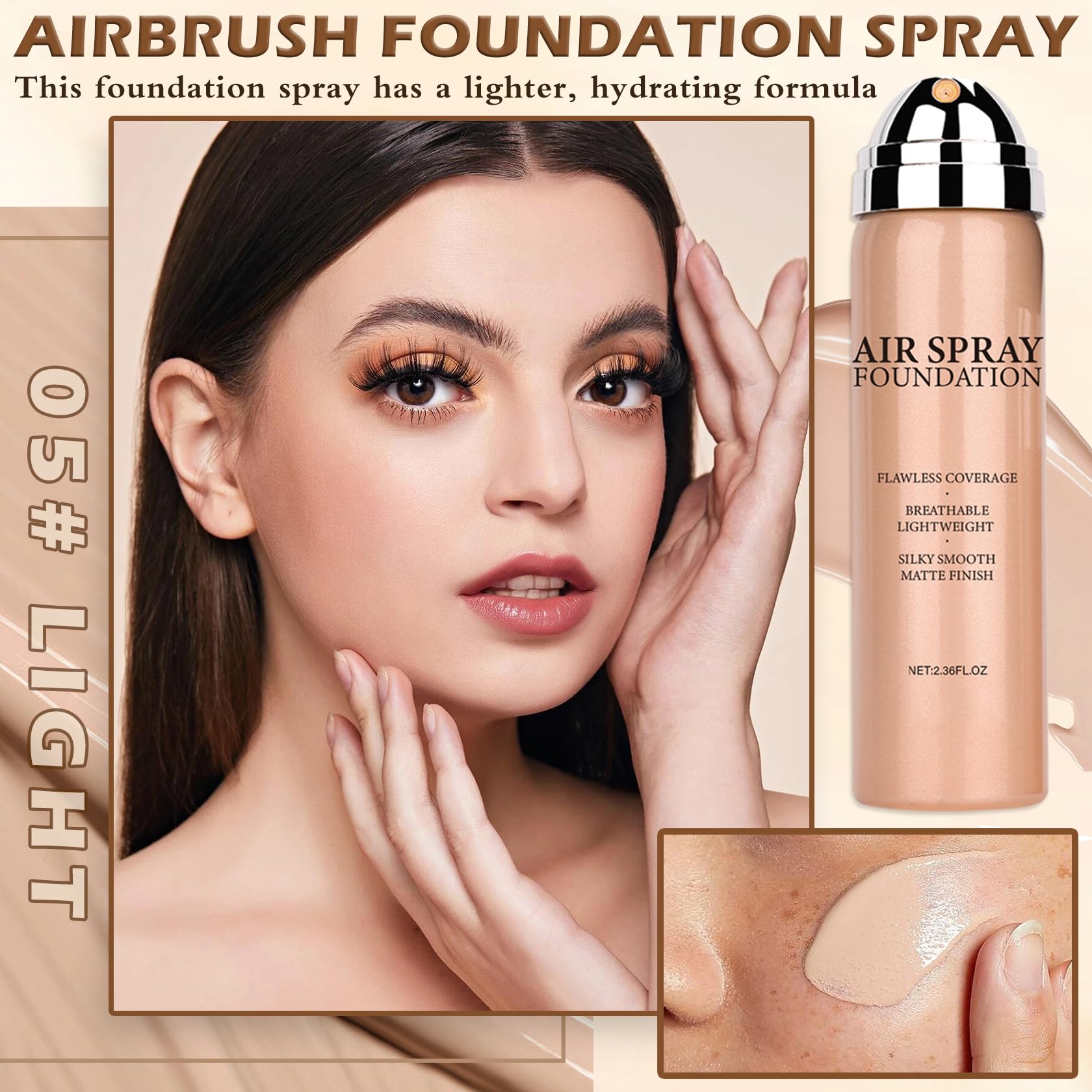 AIUEO Airbrush Foundation Spray for Mature Skin – Lightweight Full Coverage, Natural Matte Finish, Shade 05 Light