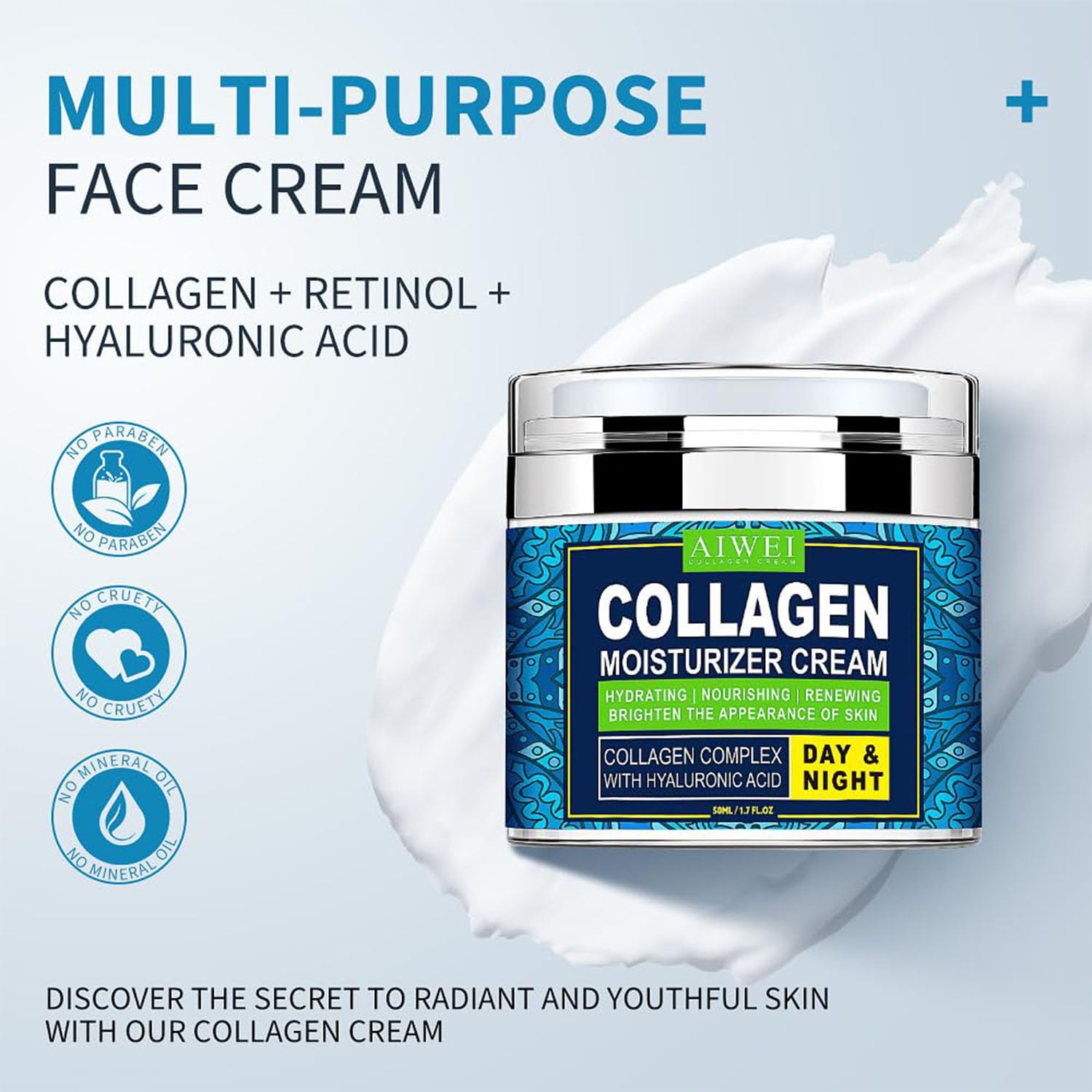 AIWEI Face Moisturizer Collagen Cream – Hydrating Day & Night Cream with Retinol + Hyaluronic Acid