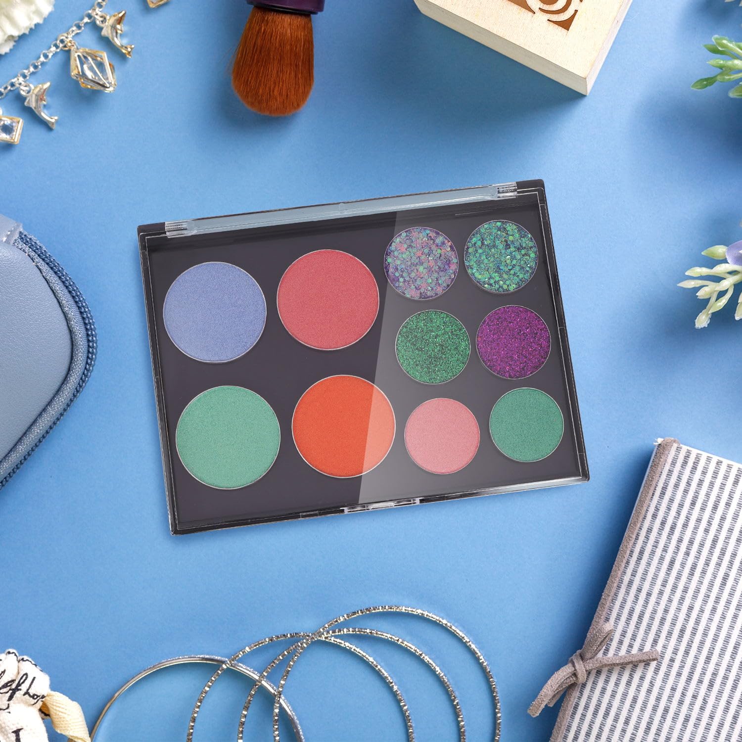 AJLTPA Magnetic Makeup Palette Empty – Clear Top 3-Pack with 60 Adhesive Metal Stickers (5.7 x 4.3 in)