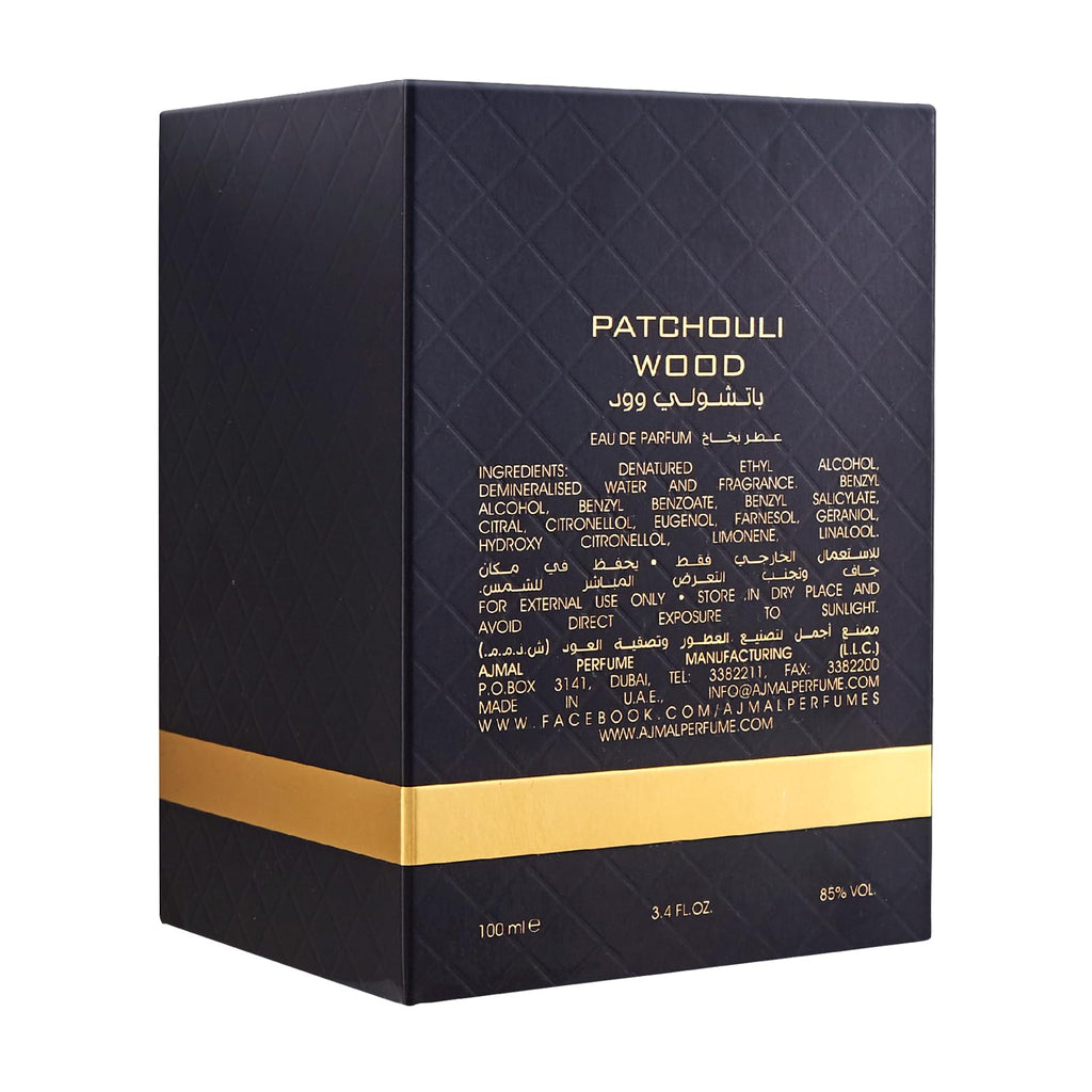Ajmal Patchouli Wood Eau de Parfum for Men – 3.4 oz / 100 ml | Long-Lasting Spicy Woody Fragrance – Made in Dubai
