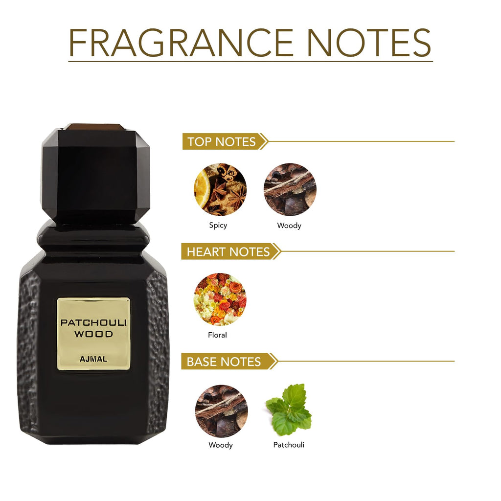 Ajmal Patchouli Wood Eau de Parfum for Men – 3.4 oz / 100 ml | Long-Lasting Spicy Woody Fragrance – Made in Dubai