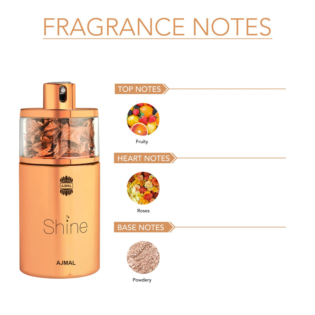 Ajmal Shine Eau de Parfum for Women – Long-Lasting Fruity Floral with Pomegranate, Strawberry & Peony | 75ml