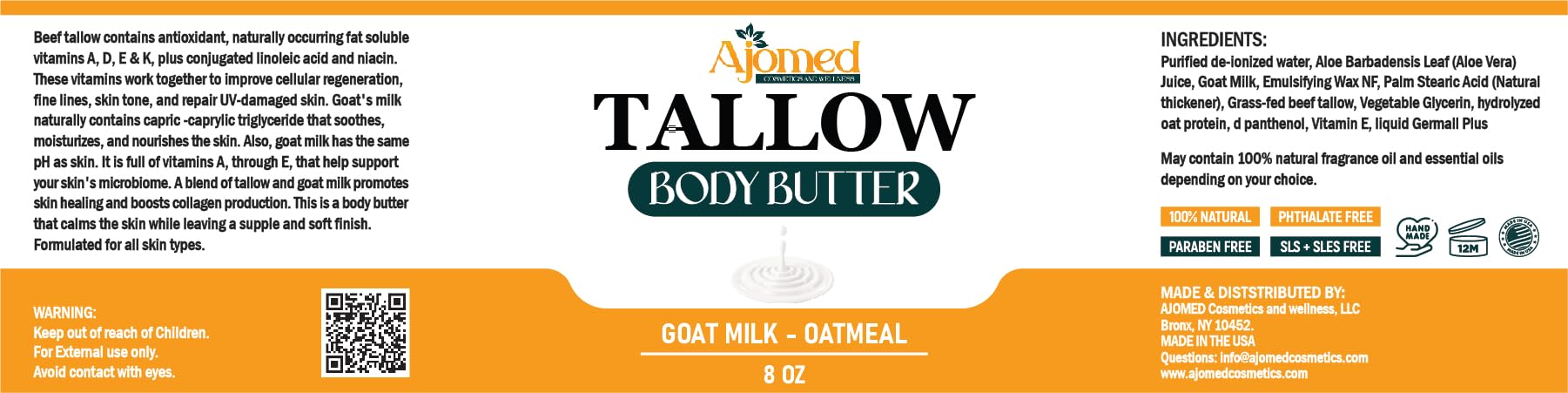 AJOMED COSMETICS Tallow & Goat Milk Body Butter – Natural Moisturizing Cream (Unscented)