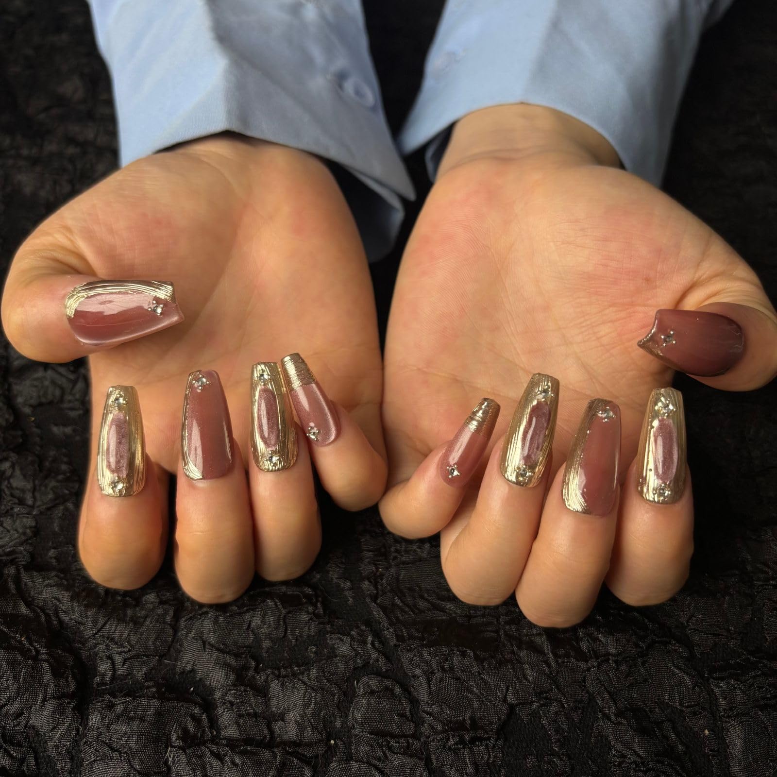 AKA Unicorn Dark Red Press On Nails – Cat Eyes Design, Medium Long Square, Gift