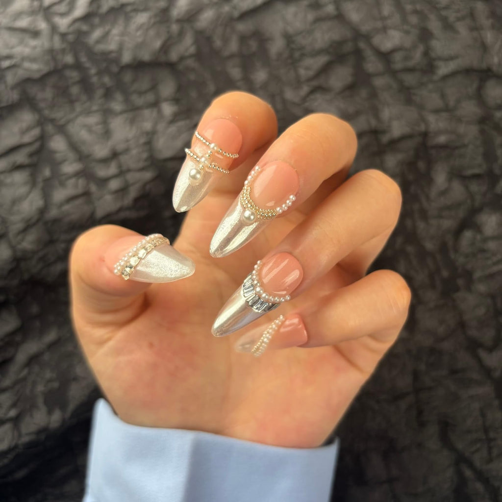 AKA Unicorn Trendy Handmade Press On French Nails Medium Almond 10Pcs with 3D Pearl Design – Clip On Nails for Women Gift
