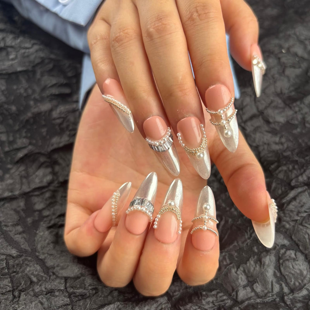 AKA Unicorn Trendy Handmade Press On French Nails Medium Almond 10Pcs with 3D Pearl Design – Clip On Nails for Women Gift