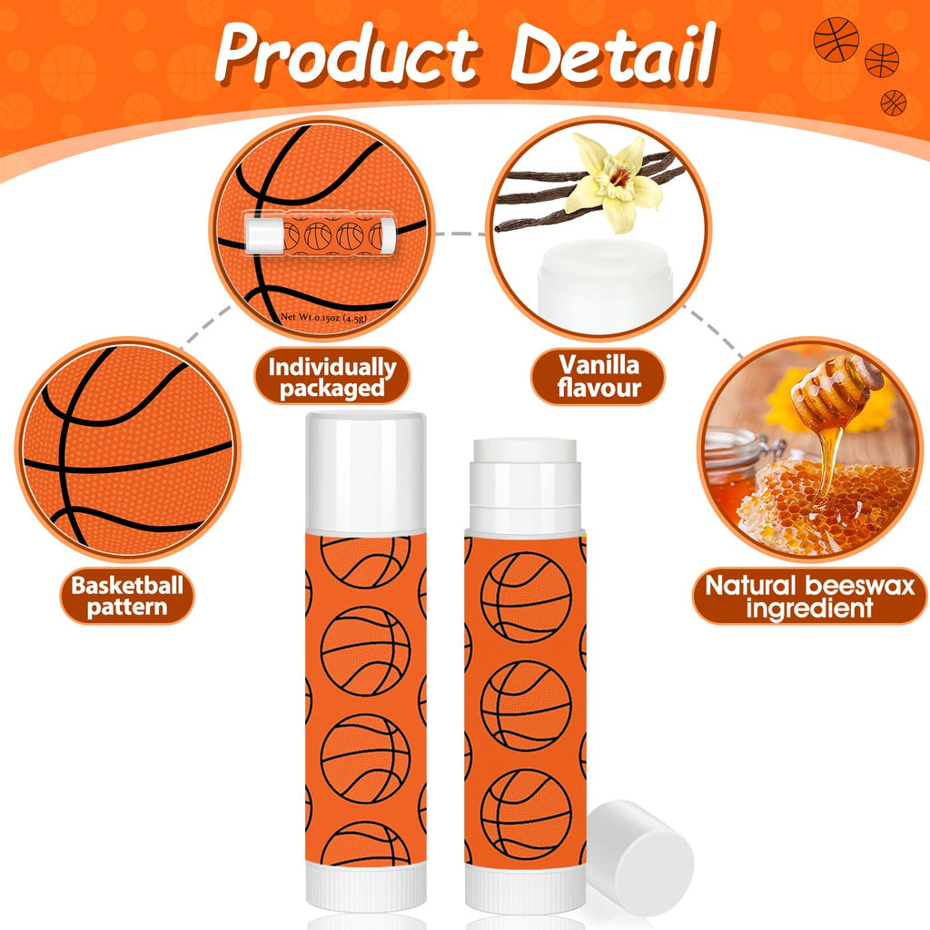 AKAIXI 24 Pack Basketball Lip Balm – Beeswax Moisturizing Vanilla Flavor, Bulk Party Gifts