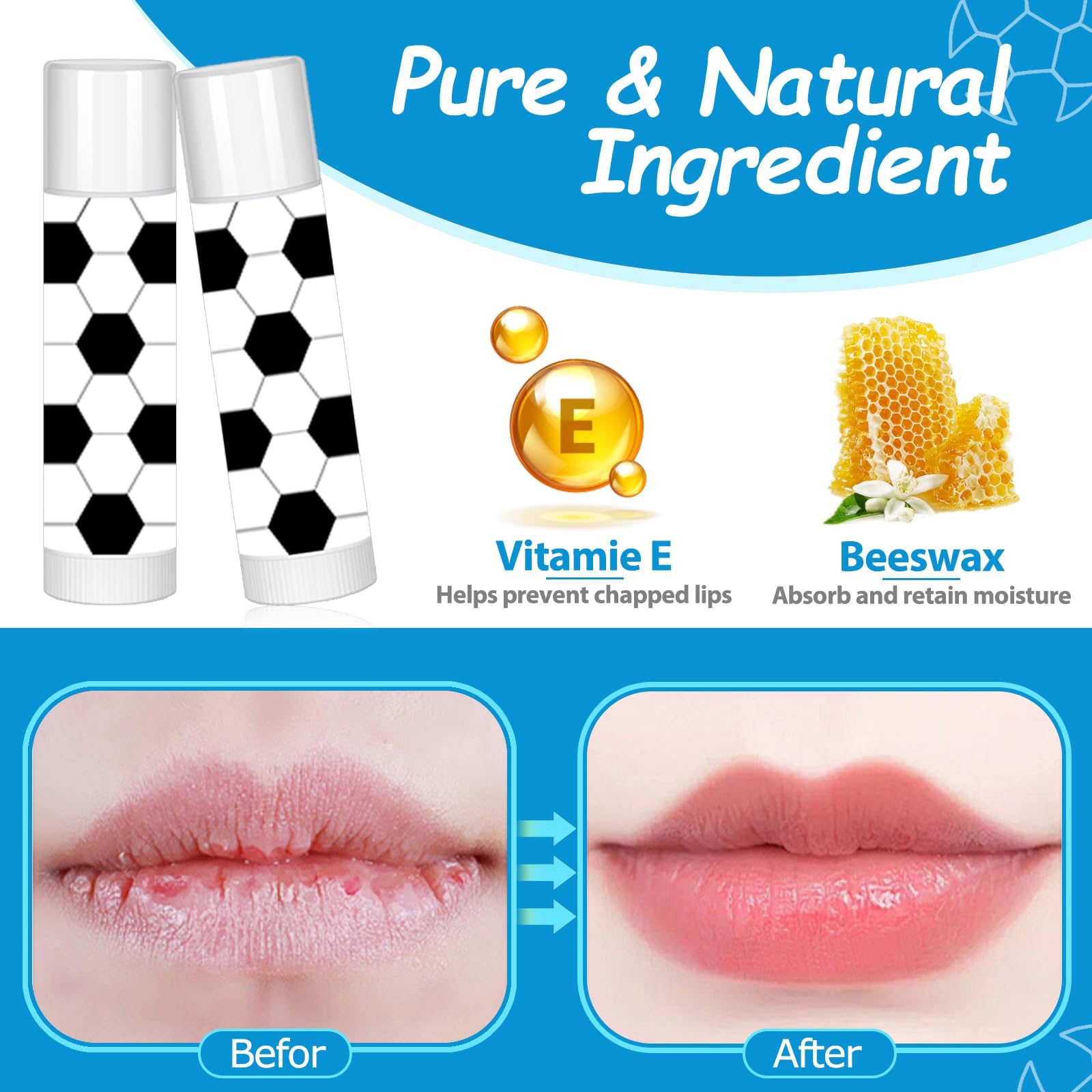 AKAIXI 24-Pack Soccer Lip Balm – Beeswax Moisturizing Vanilla Lip Balm for Teams & Fans