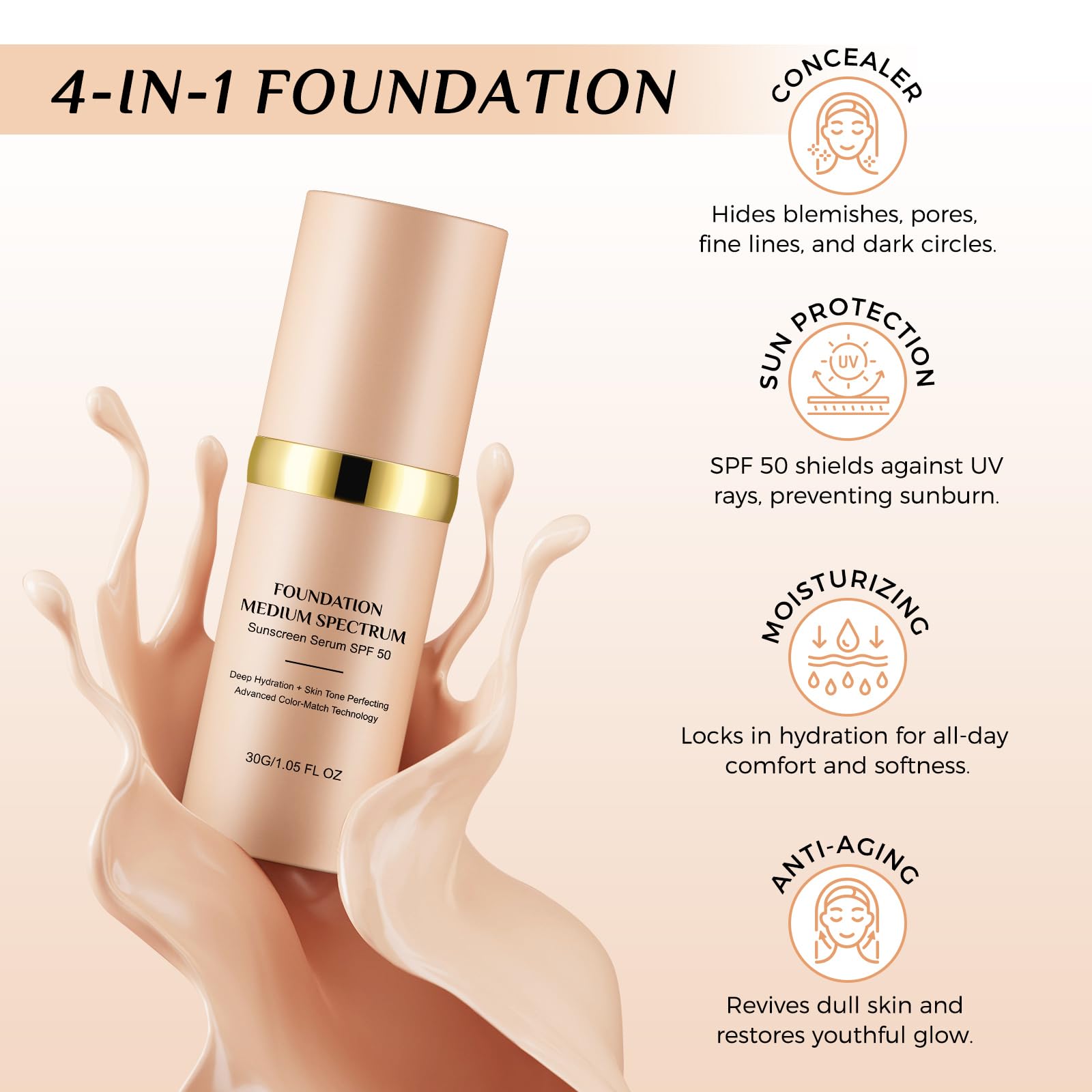 akareni Color Changing Foundation 4-in-1 — Medium Spectrum SPF50+ Waterproof