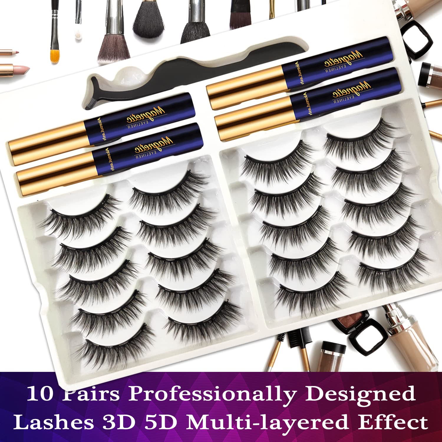 AkesuLash Magnetic Eyelashes – 10 Pairs, 3D Faux Mink, Upgraded Liner Kit (Cruelty-Free)