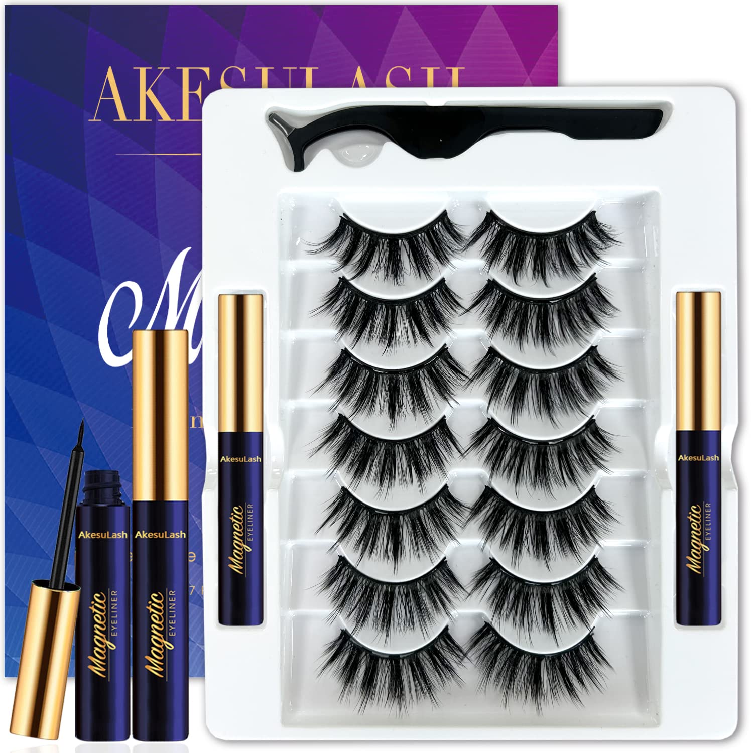 AkesuLash Magnetic Eyelashes – 7 Pairs + Eyeliner Kit (3D Round), Reusable