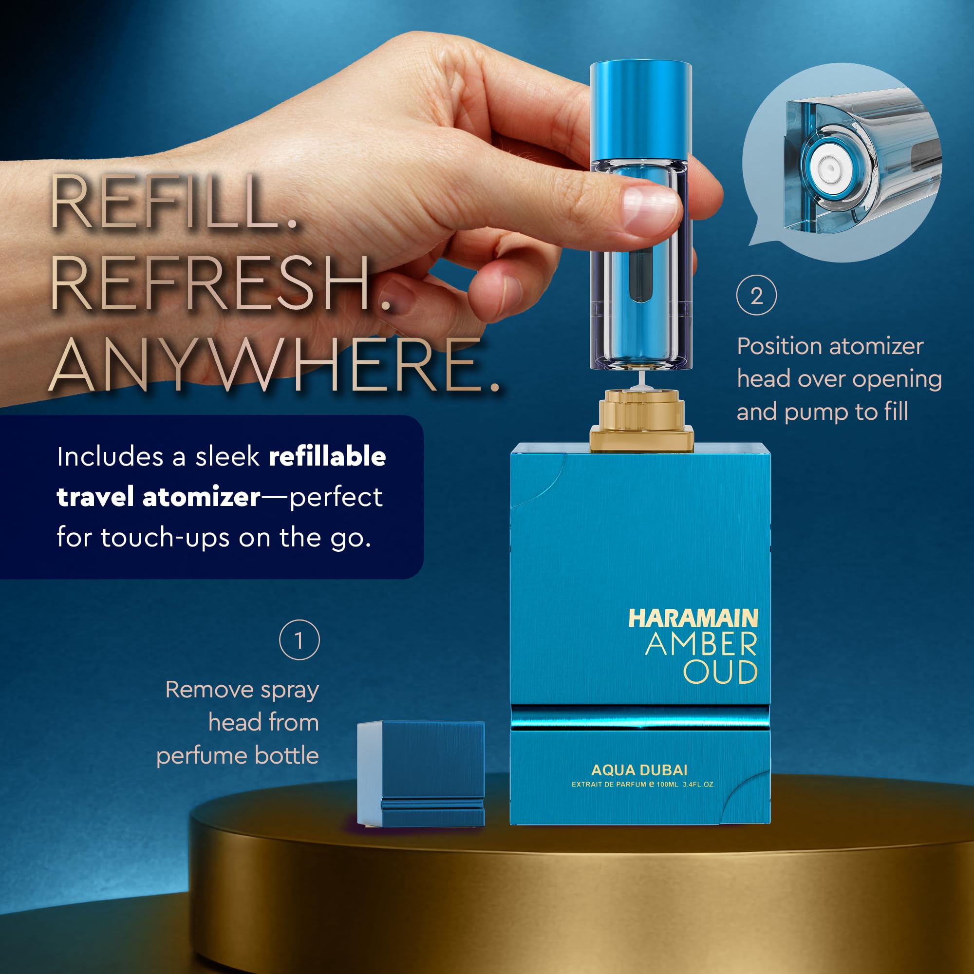 Al Haramain Amber Oud EDP – Aqua Dubai with Travel Atomizer, 3.33oz