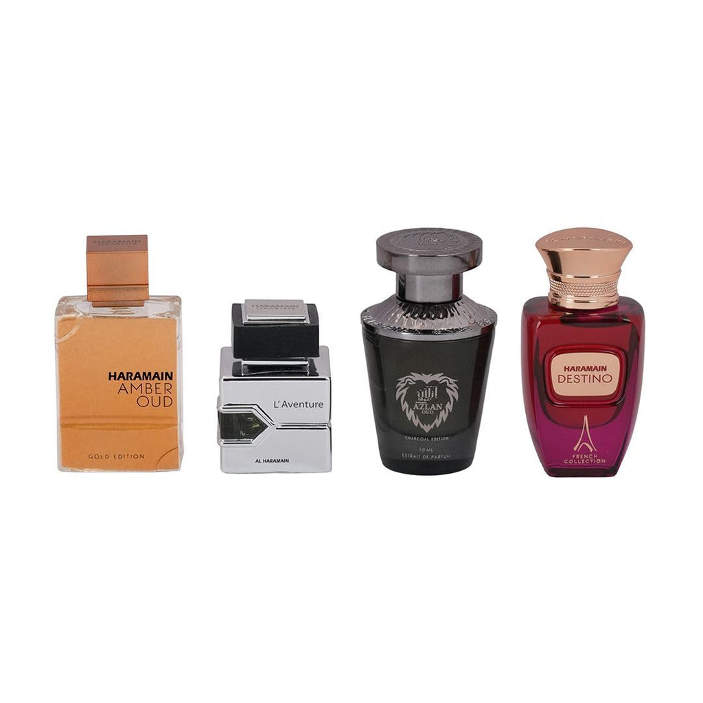 Al Haramain Fragrance Gift Set – 4×10ml Miniatures (Amber Oud Gold Edition, L'Aventure, Azlan Oud Charcoal Edition, Destino French Collection)