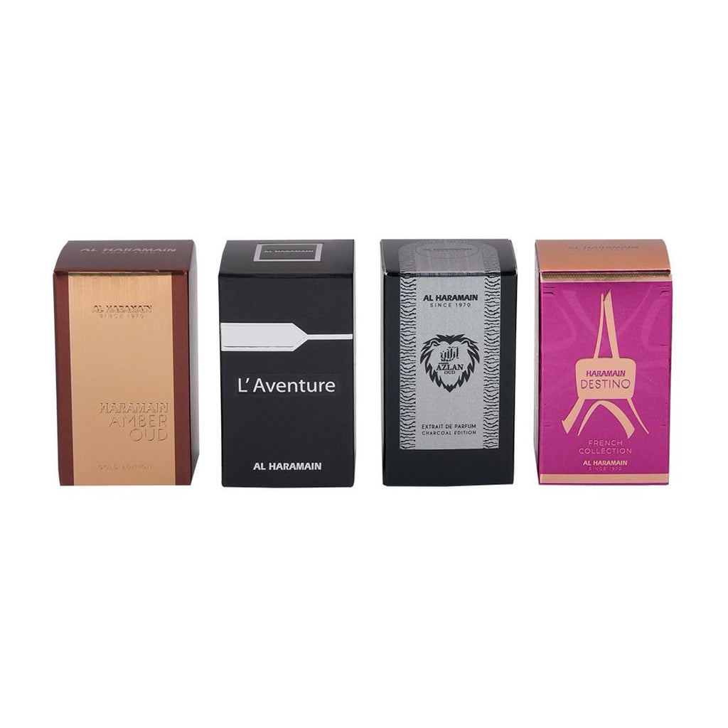 Al Haramain Fragrance Gift Set – 4×10ml Miniatures (Amber Oud Gold Edition, L'Aventure, Azlan Oud Charcoal Edition, Destino French Collection)