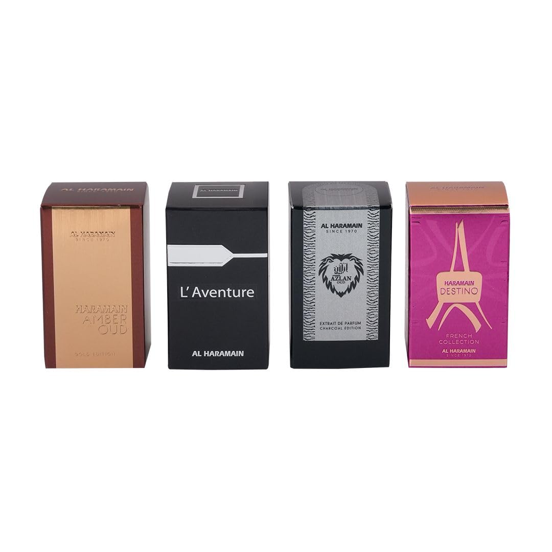 Al Haramain Fragrance Gift Set – 4×10ml Miniatures (Amber Oud Gold Edition, L'Aventure, Azlan Oud Charcoal Edition, Destino French Collection)