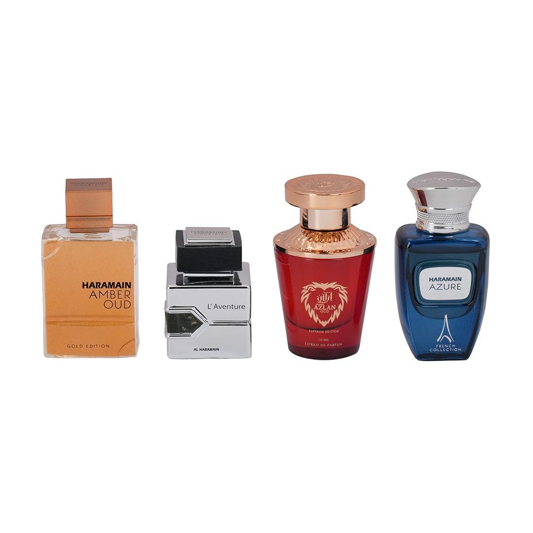 Al Haramain Fragrance Discovery Set for Men & Women – 4×10ml Gift Set (Amber Oud Gold Edition, L’Aventure, Azlan Oud Saffron, Azure)