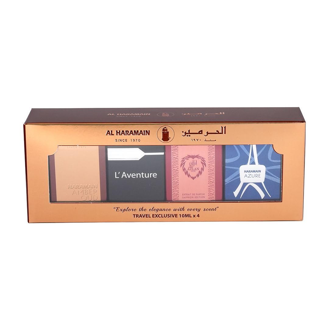 Al Haramain Fragrance Discovery Set for Men & Women – 4×10ml Gift Set (Amber Oud Gold Edition, L’Aventure, Azlan Oud Saffron, Azure)