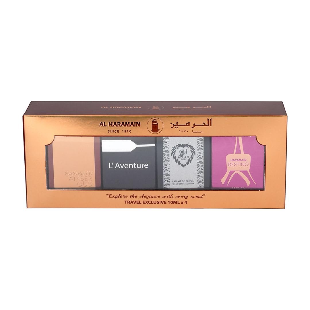 Al Haramain Fragrance Gift Set – 4×10ml Miniatures (Amber Oud Gold Edition, L'Aventure, Azlan Oud Charcoal Edition, Destino French Collection)