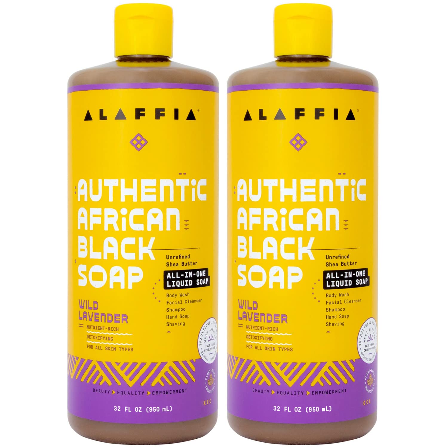 Alaffia Authentic African Black Soap with Wild Lavender – 2-Pack, All-in-One Cleanser (32 oz)