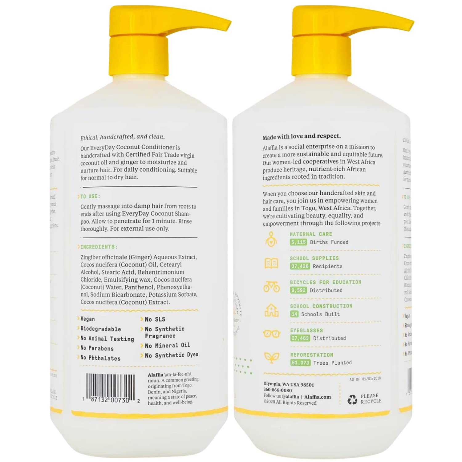 Alaffia Everyday Coconut Conditioner 2-Pack – Moisturizing Coconut Oil & Ginger for Normal to Dry Hair (32 oz)