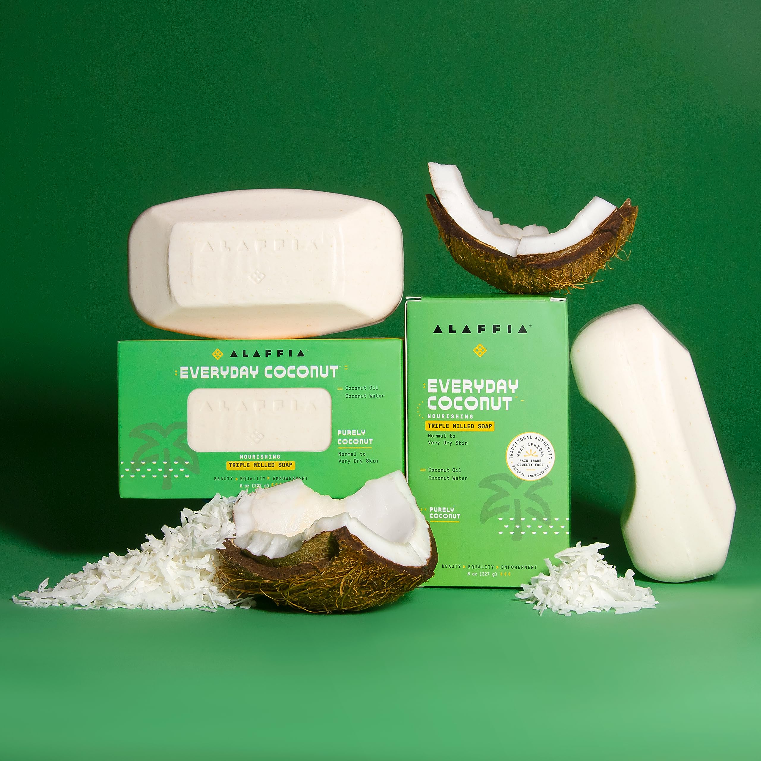 Alaffia EveryDay Coconut Soap Bar – Ergonomic, Coconut Oil & Shea Butter, Pure Coconut Scent, 8 oz Pack of 4
