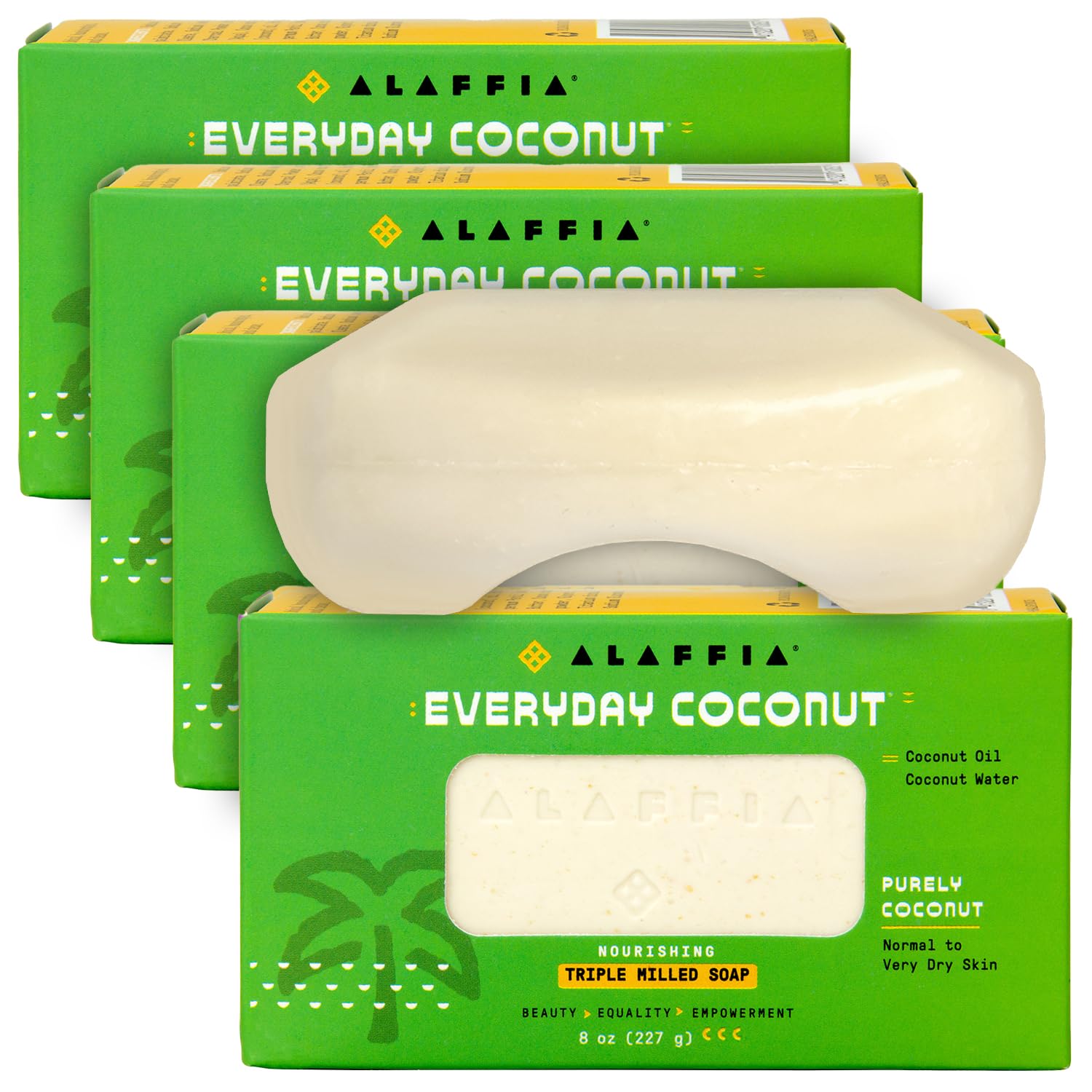 Alaffia EveryDay Coconut Soap Bar – Ergonomic, Coconut Oil & Shea Butter, Pure Coconut Scent, 8 oz Pack of 4