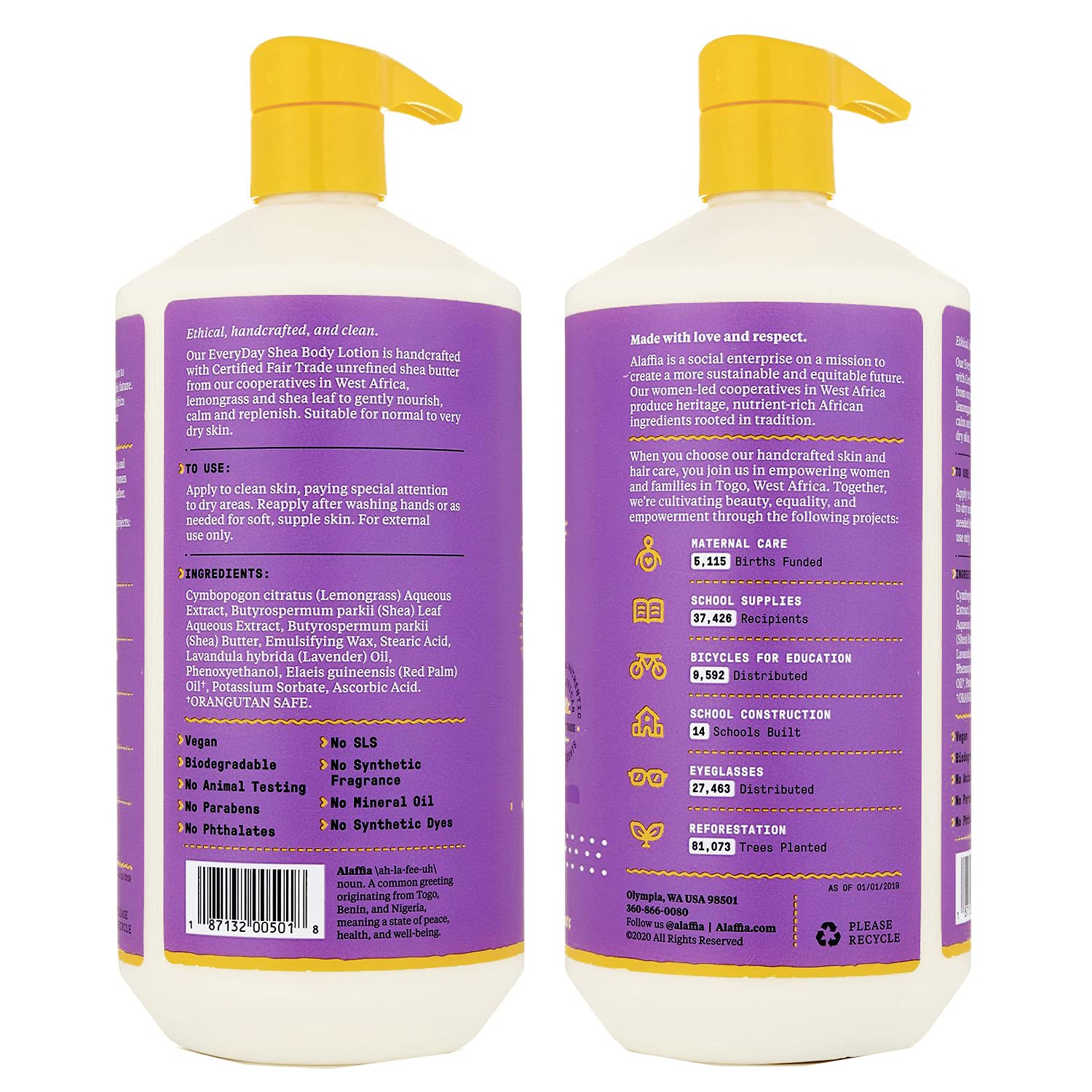 Alaffia Everyday Shea Body Lotion – 2 Pack (32 oz each) for Normal to Very Dry Skin | Fair Trade, Lavender & Lemongrass