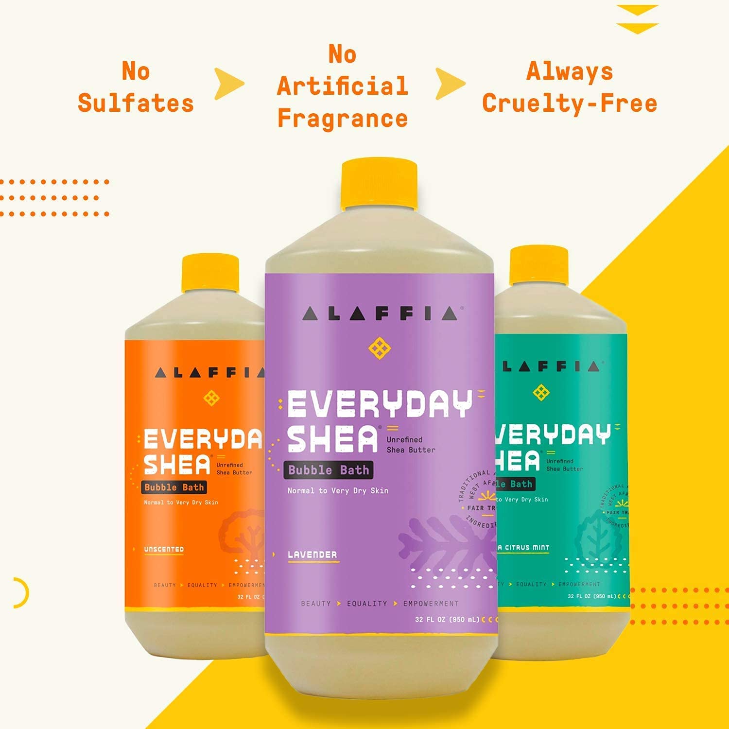 Alaffia Everyday Shea Bubble Bath – Lavender, Fair-Trade Shea Butter, Sulfate-Free, 2-Pack (32 oz each)