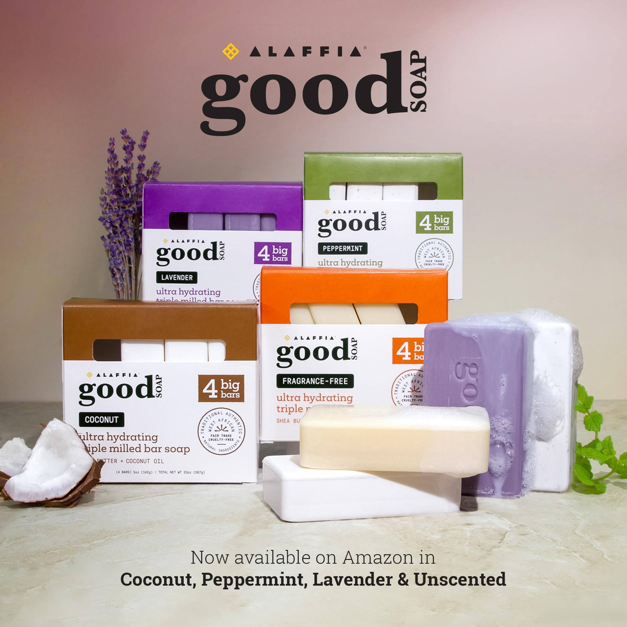 Alaffia Good Soap Lavender 2-Pack (8 Bars) – Triple-Milled with Fair Trade Shea Butter