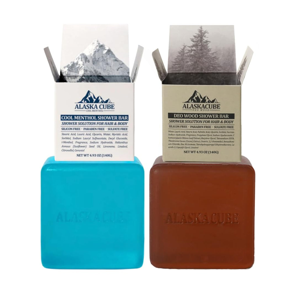 Alaskacube Shower Bar Set (2) – Menthol Cooling, 3-in-1 Body Wash, Shampoo & Deodorant