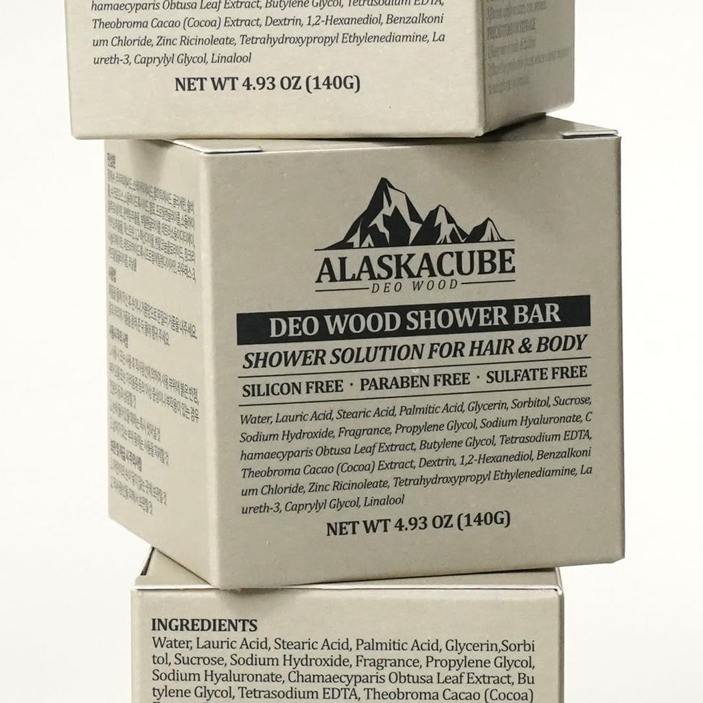 Alaskacube Deo Wood Shower Bar – 3-in-1 Luxury Sandalwood Body Wash, Shampoo & Deodorant