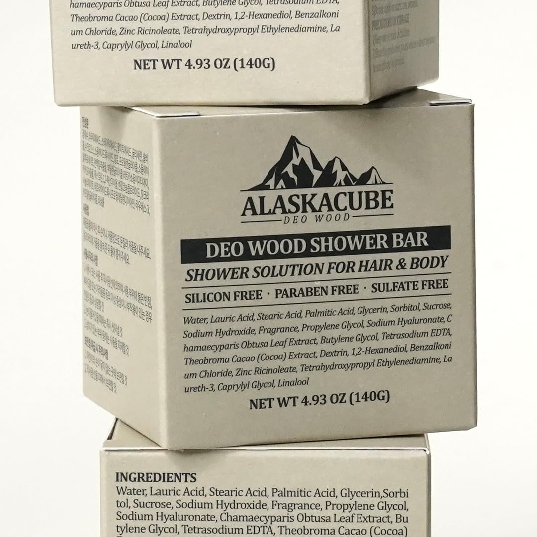 Alaskacube Deo Wood Shower Bar – 3-in-1 Luxury Sandalwood Body Wash, Shampoo & Deodorant