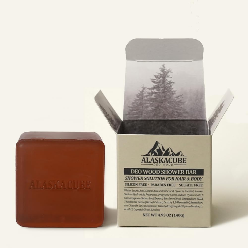 Alaskacube Deo Wood Shower Bar – 3-in-1 Luxury Sandalwood Body Wash, Shampoo & Deodorant