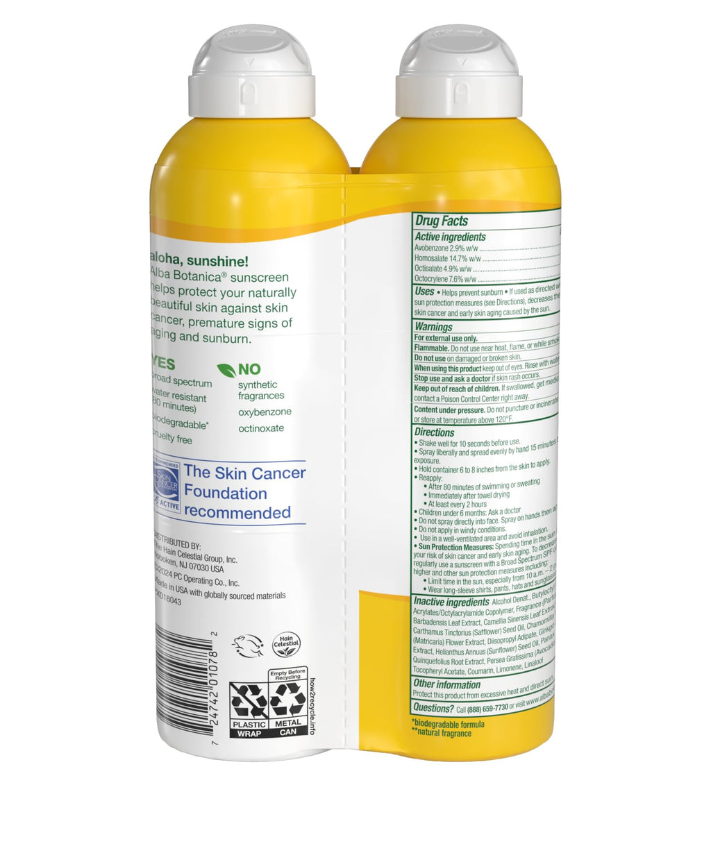 Alba Botanica Hawaiian Coconut Sunscreen Spray SPF 50, Water Resistant & Biodegradable (Pack of 2)