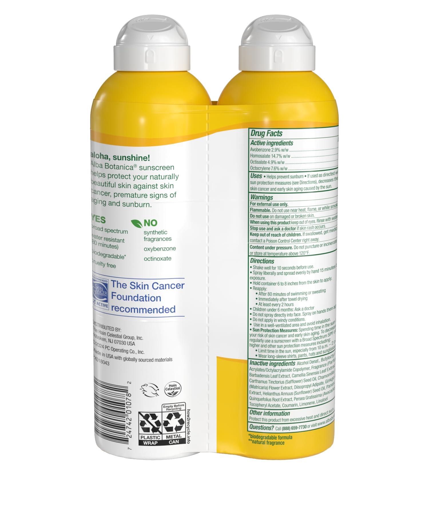 Alba Botanica Hawaiian Coconut Sunscreen Spray SPF 50, Water Resistant & Biodegradable (Pack of 2)