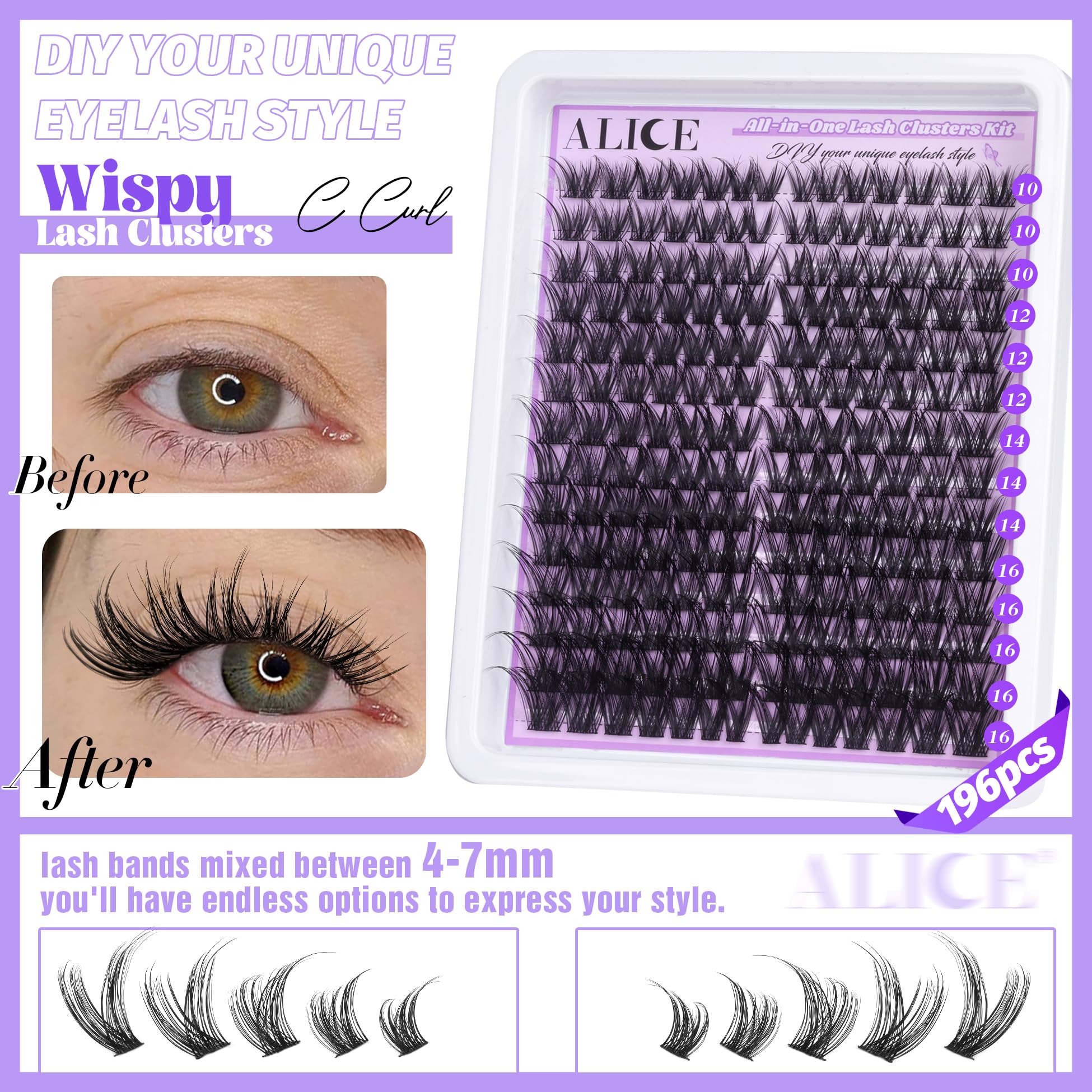 ALICE Cluster Eyelash Extension Kit - 196 Lash Clusters, 10-18mm Mix, Natural Wispy Look + Glue & Tweezers