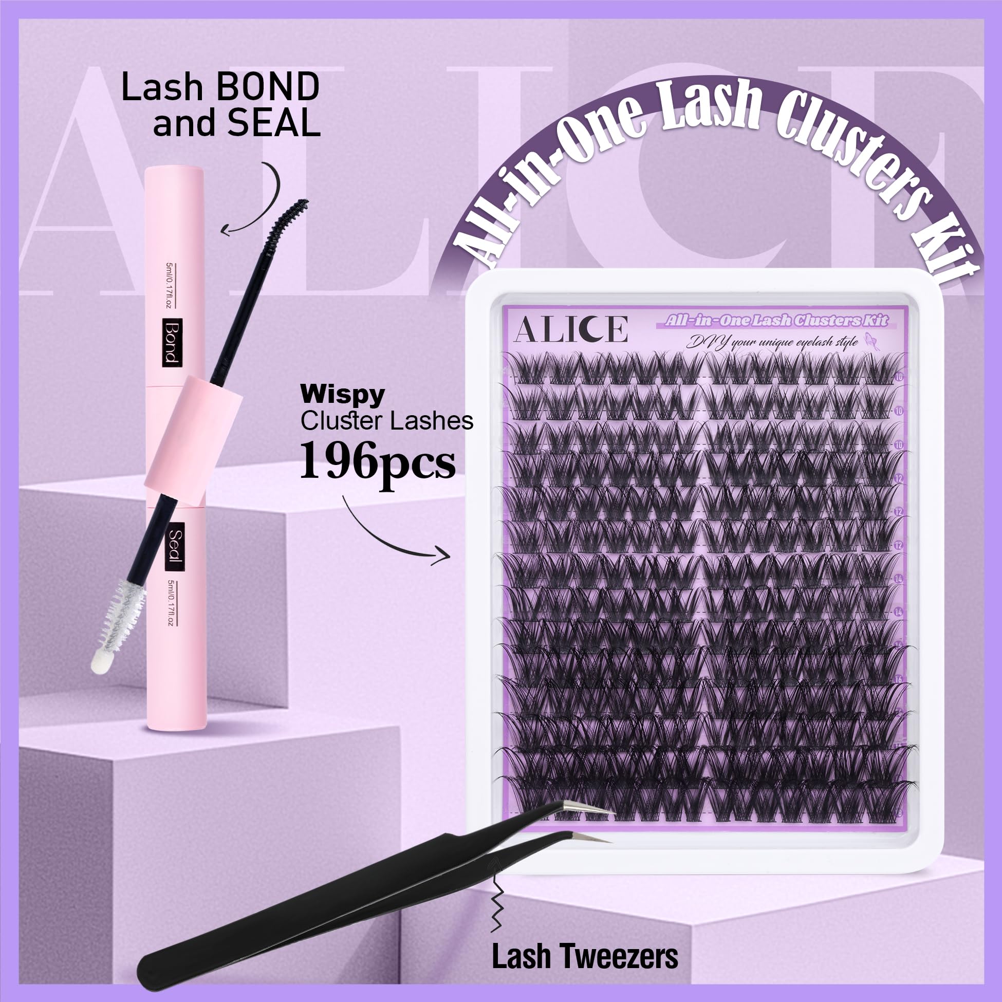 ALICE Cluster Eyelash Extension Kit - 196 Lash Clusters, 10-18mm Mix, Natural Wispy Look + Glue & Tweezers