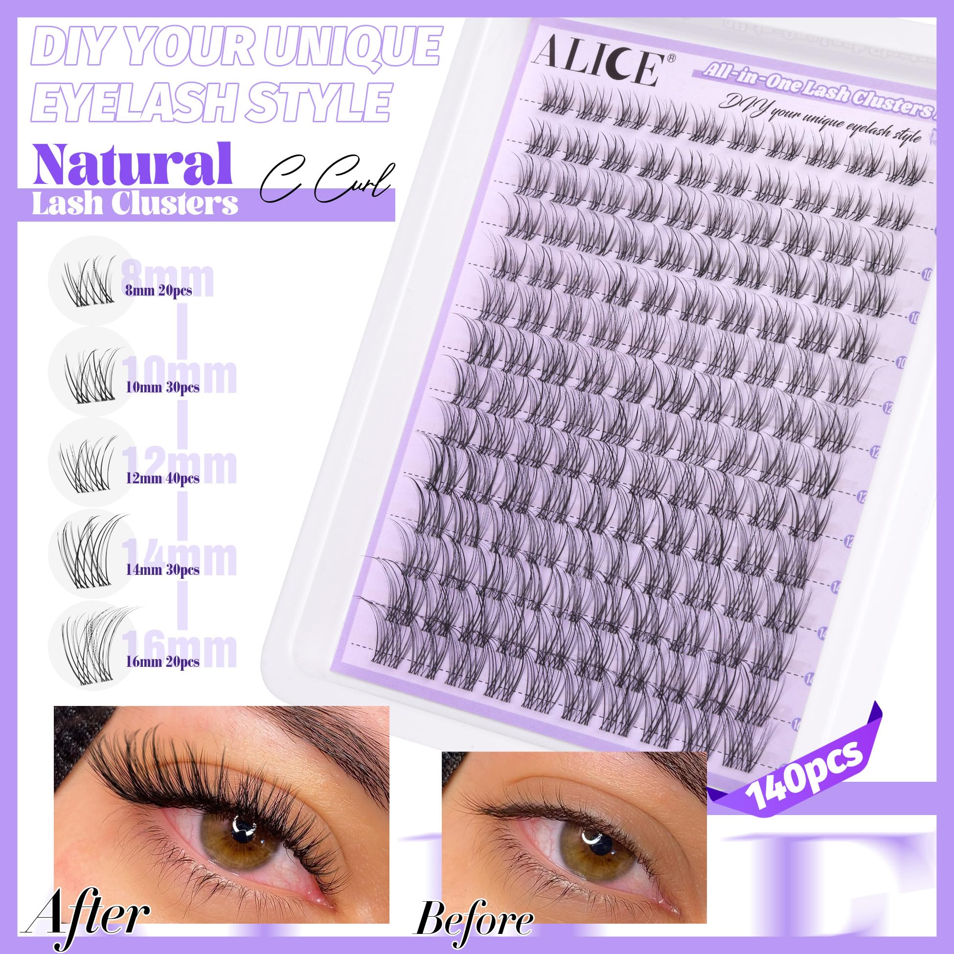ALICE Lash Clusters Kit – Natural Wispy Extensions, 140pcs, 8-16mm