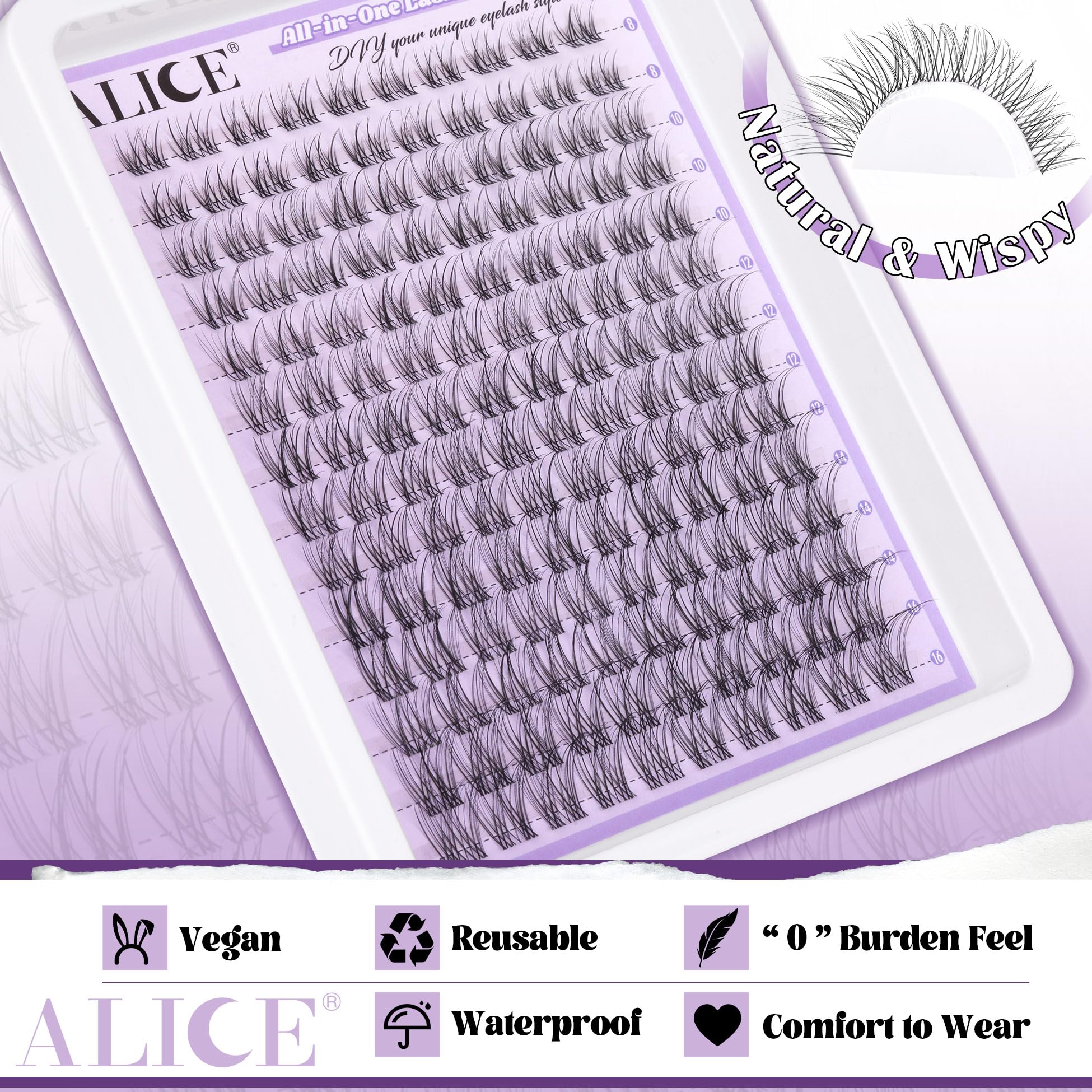 ALICE Lash Clusters Kit – Natural Wispy Extensions, 140pcs, 8-16mm