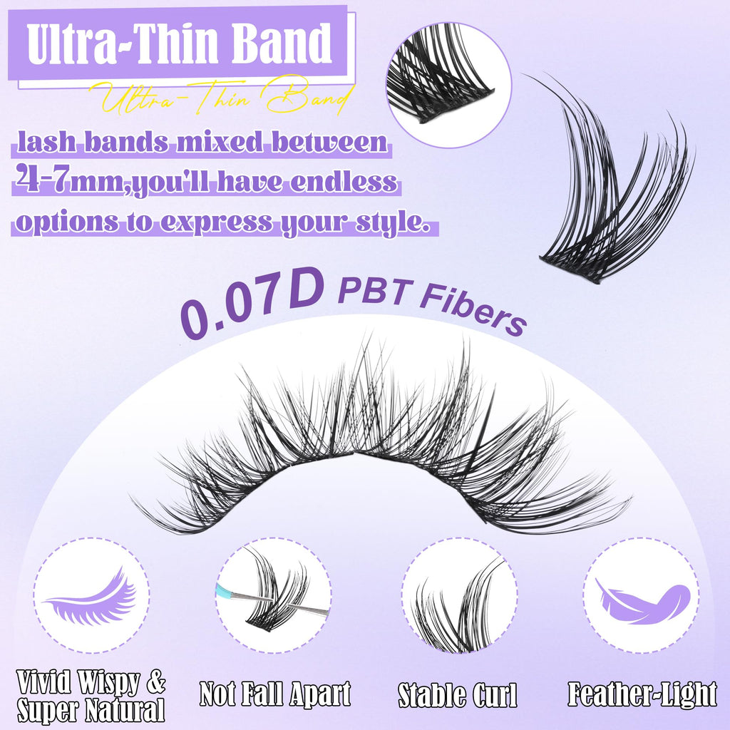 ALICE Cluster Eyelash Extension Kit - 196 Lash Clusters, 10-18mm Mix, Natural Wispy Look + Glue & Tweezers