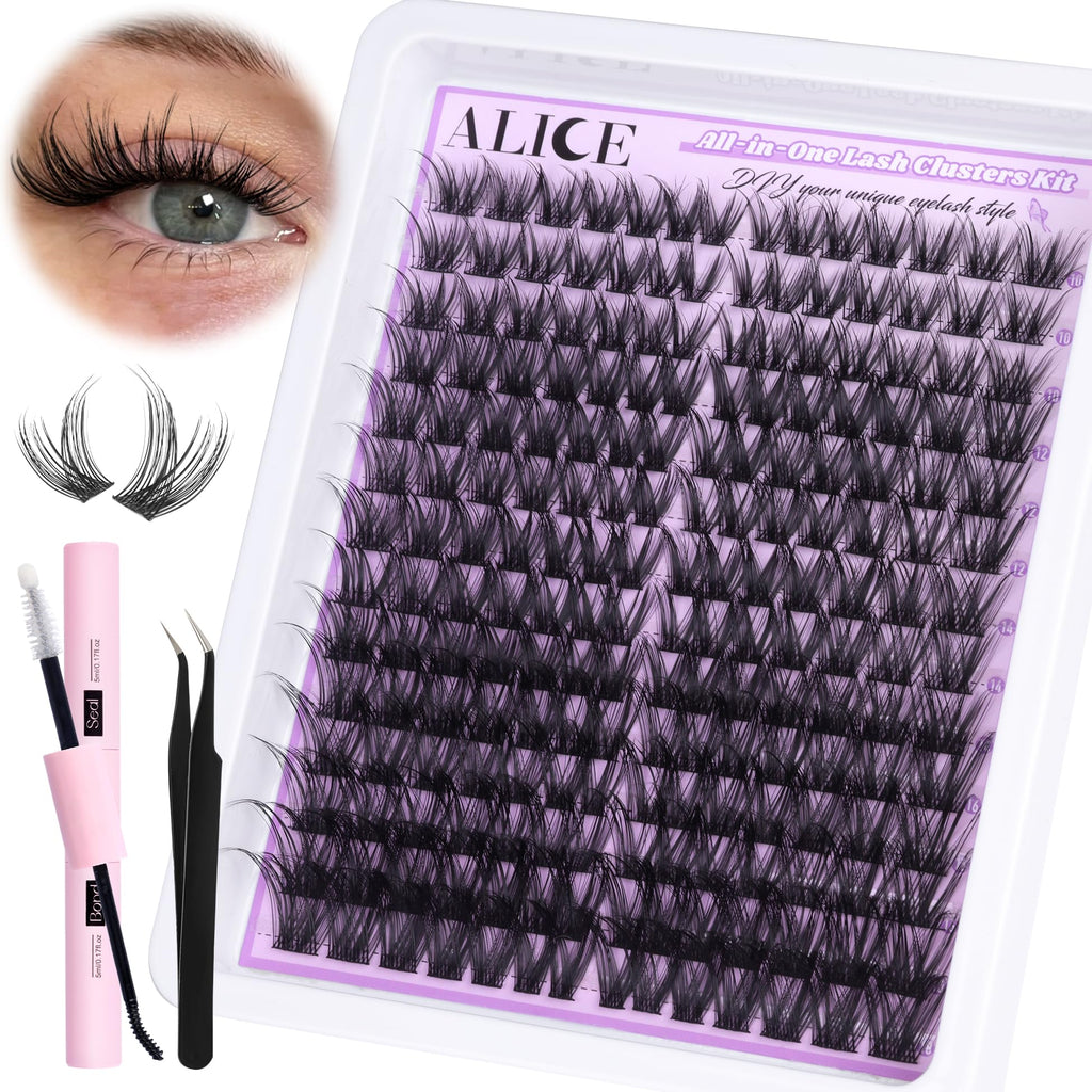 ALICE Cluster Eyelash Extension Kit - 196 Lash Clusters, 10-18mm Mix, Natural Wispy Look + Glue & Tweezers