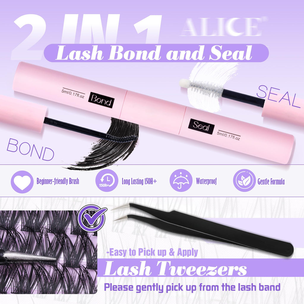 ALICE Cluster Eyelash Extension Kit - 196 Lash Clusters, 10-18mm Mix, Natural Wispy Look + Glue & Tweezers