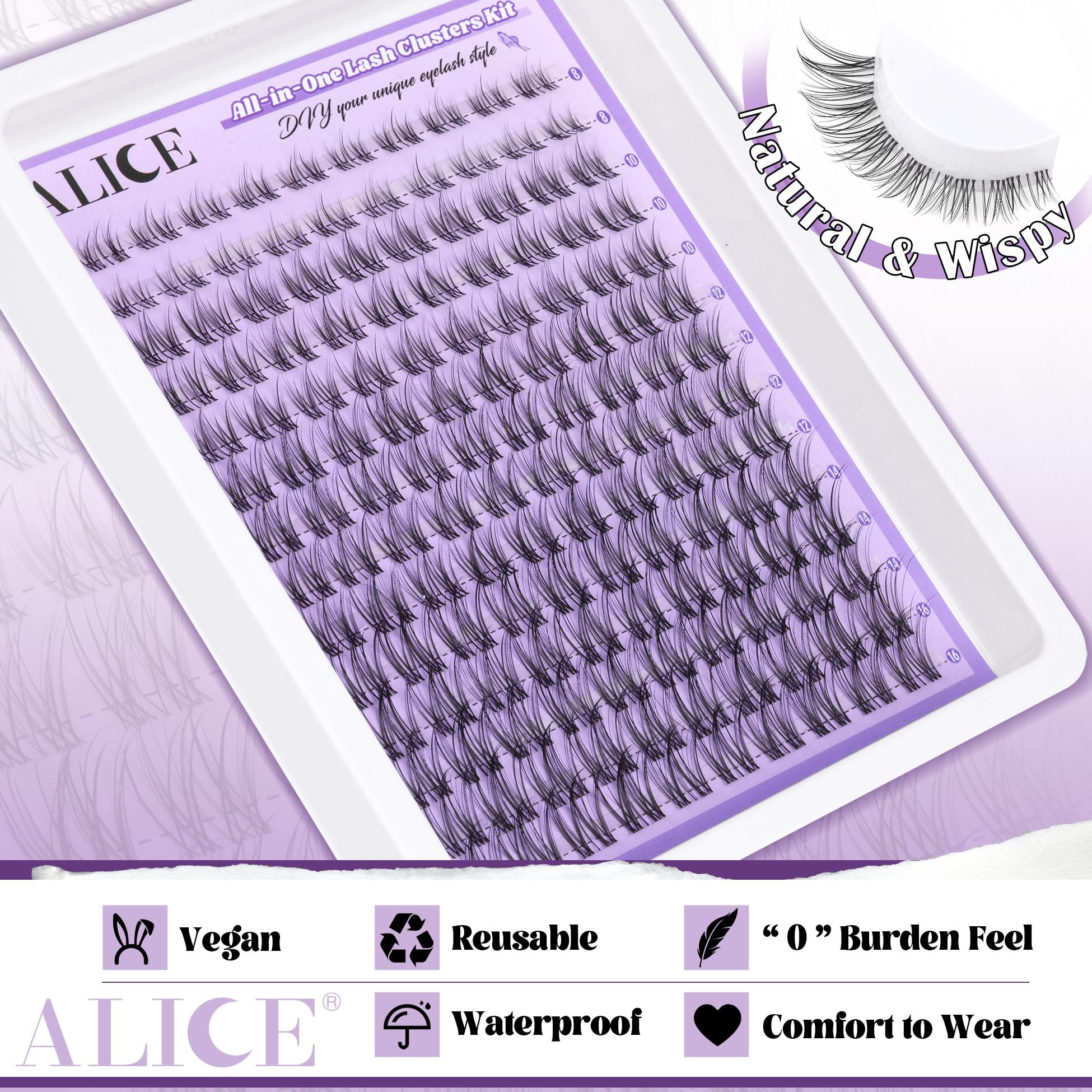 ALICE Cluster Eyelash Extension Kit – Natural Wispy Lashes, DIY at Home (168pcs)