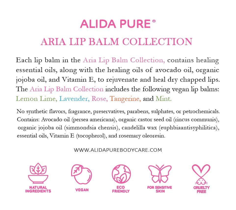 ALIDA PURE Aria Lip Balm Collection – Vegan, Beeswax-Free, Organic Oils (5 Tubes)