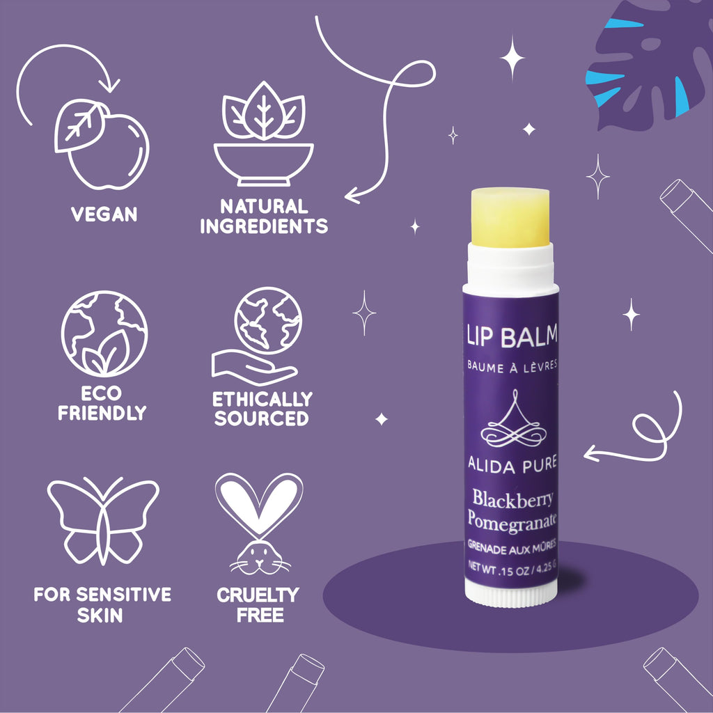 ALIDA PURE Blackberry Pomegranate Lip Balm Collection - Vegan, Beeswax-Free, 3-Tube Set