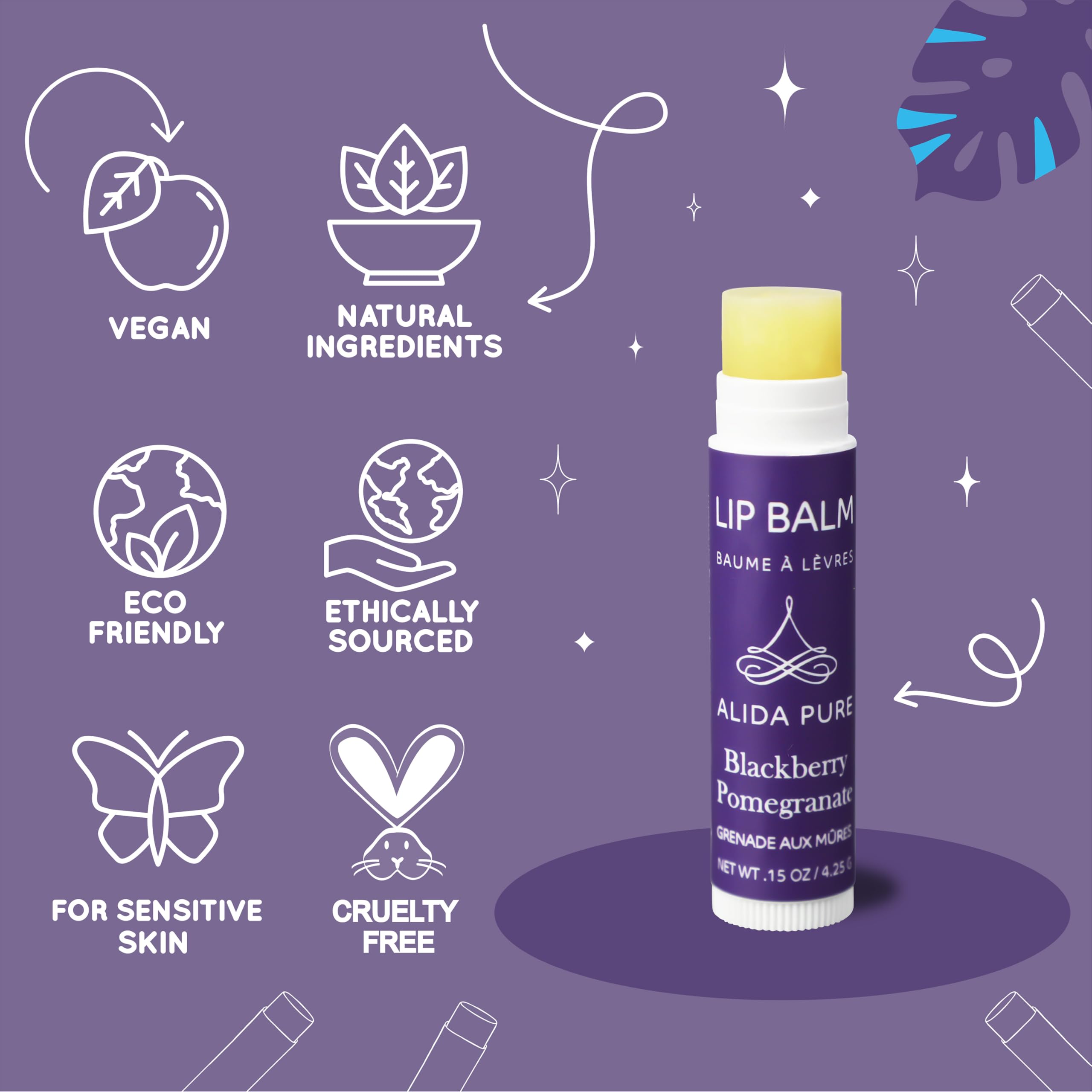 ALIDA PURE Blackberry Pomegranate Lip Balm Collection - Vegan, Beeswax-Free, 3-Tube Set