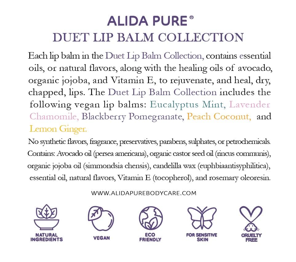 ALIDA PURE Duet Lip Balm Collection – Vegan, Beeswax-Free, Jojoba & Avocado Oil (5 Tube Set)