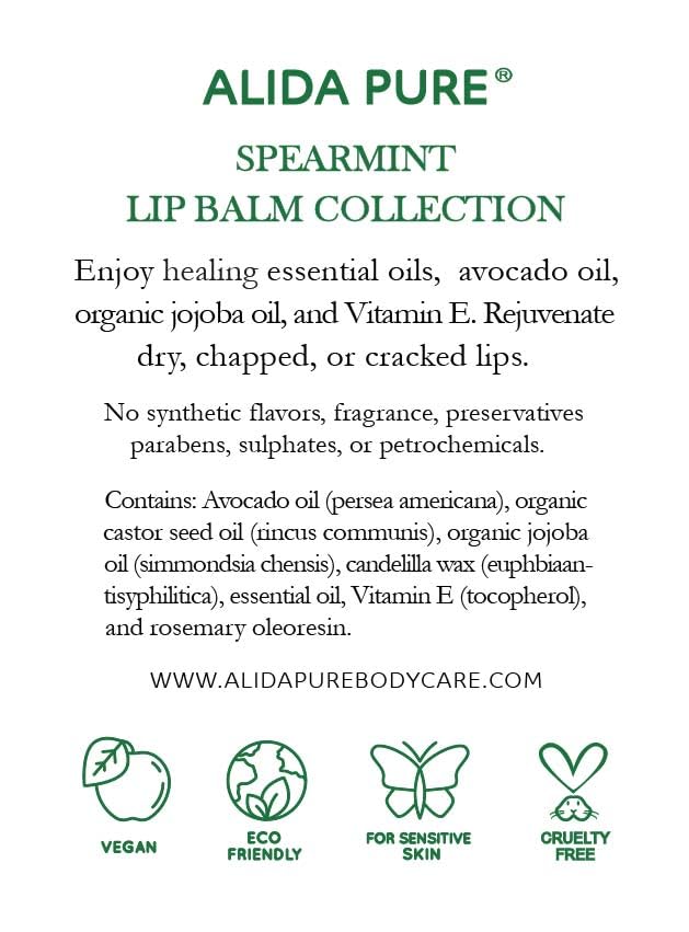 ALIDA PURE Spearmint Lip Balm Collection – Vegan, Beeswax-Free, 3-Tube Set with Organic Jojoba & Avocado Oils