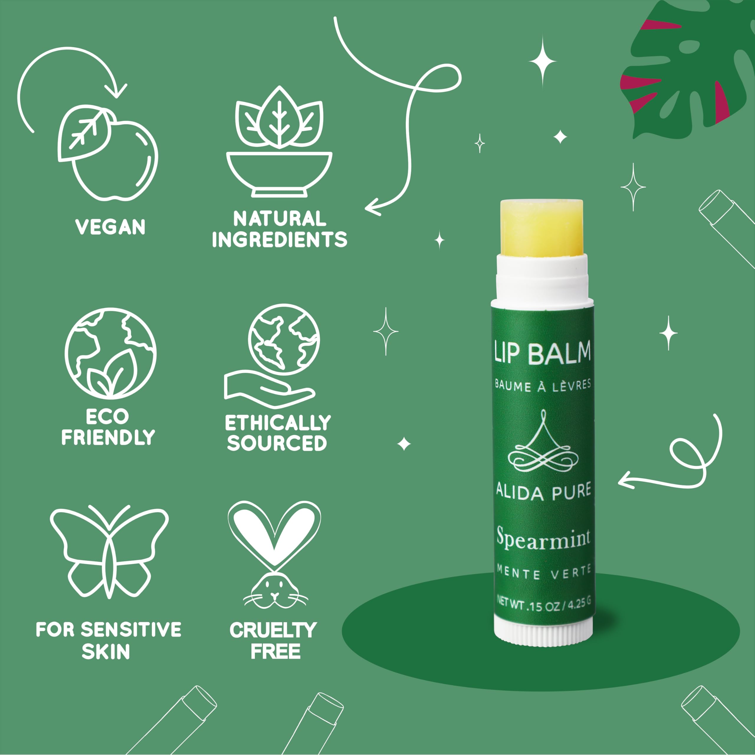 ALIDA PURE Spearmint Lip Balm Collection – Vegan, Beeswax-Free, 3-Tube Set with Organic Jojoba & Avocado Oils